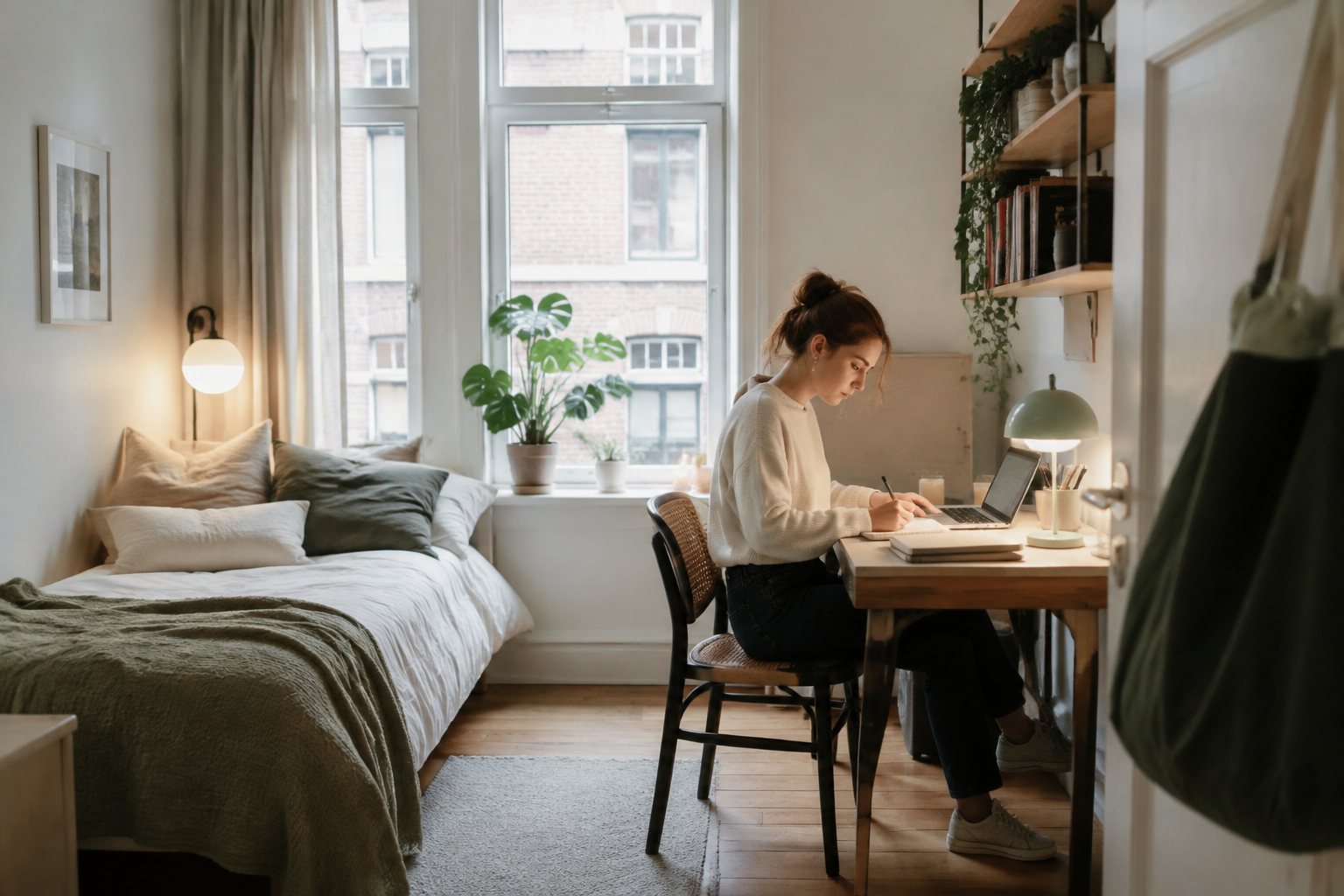 Student studying in a bright room of their own