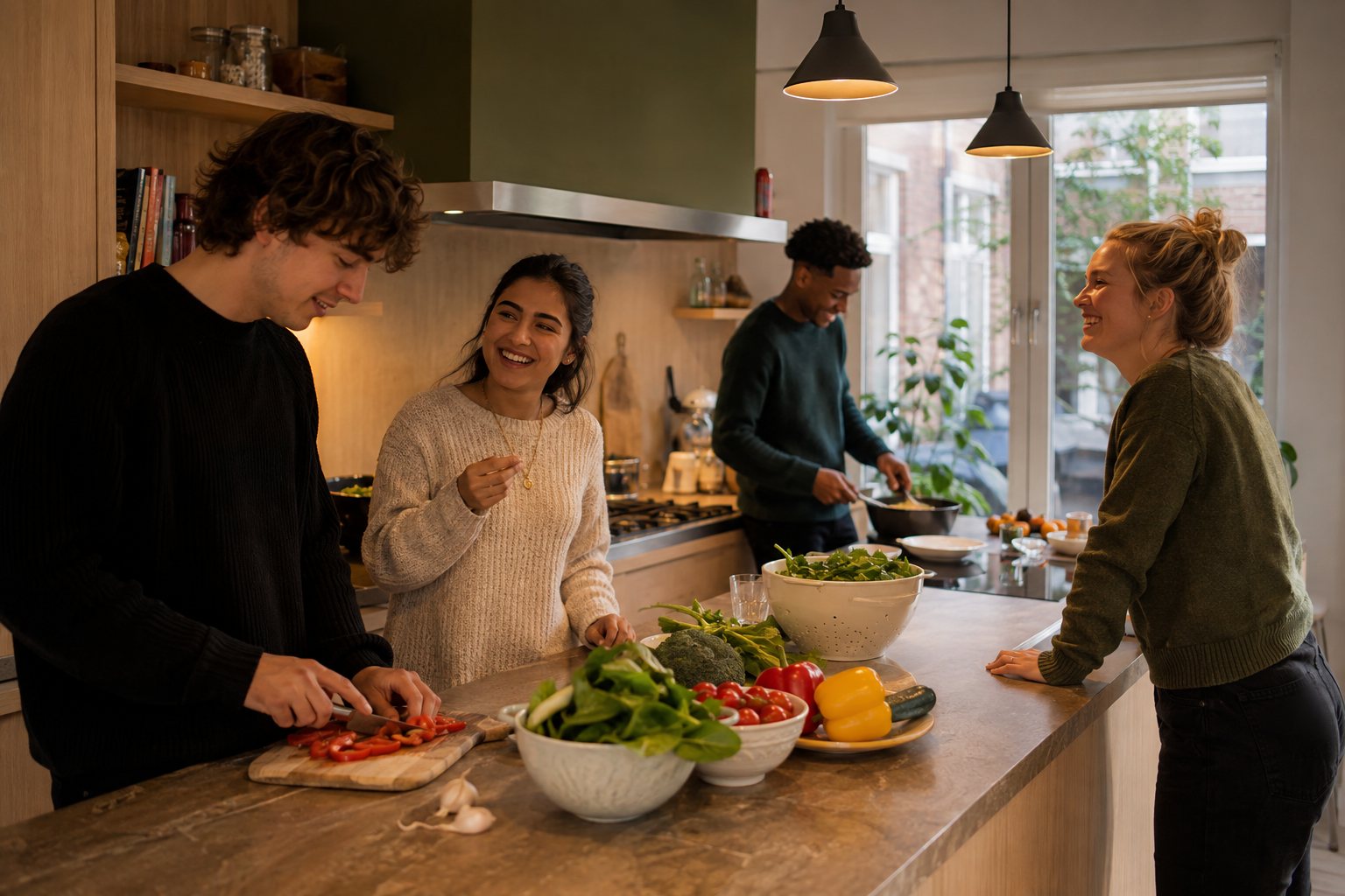 Students cooking together in the shared kitchen