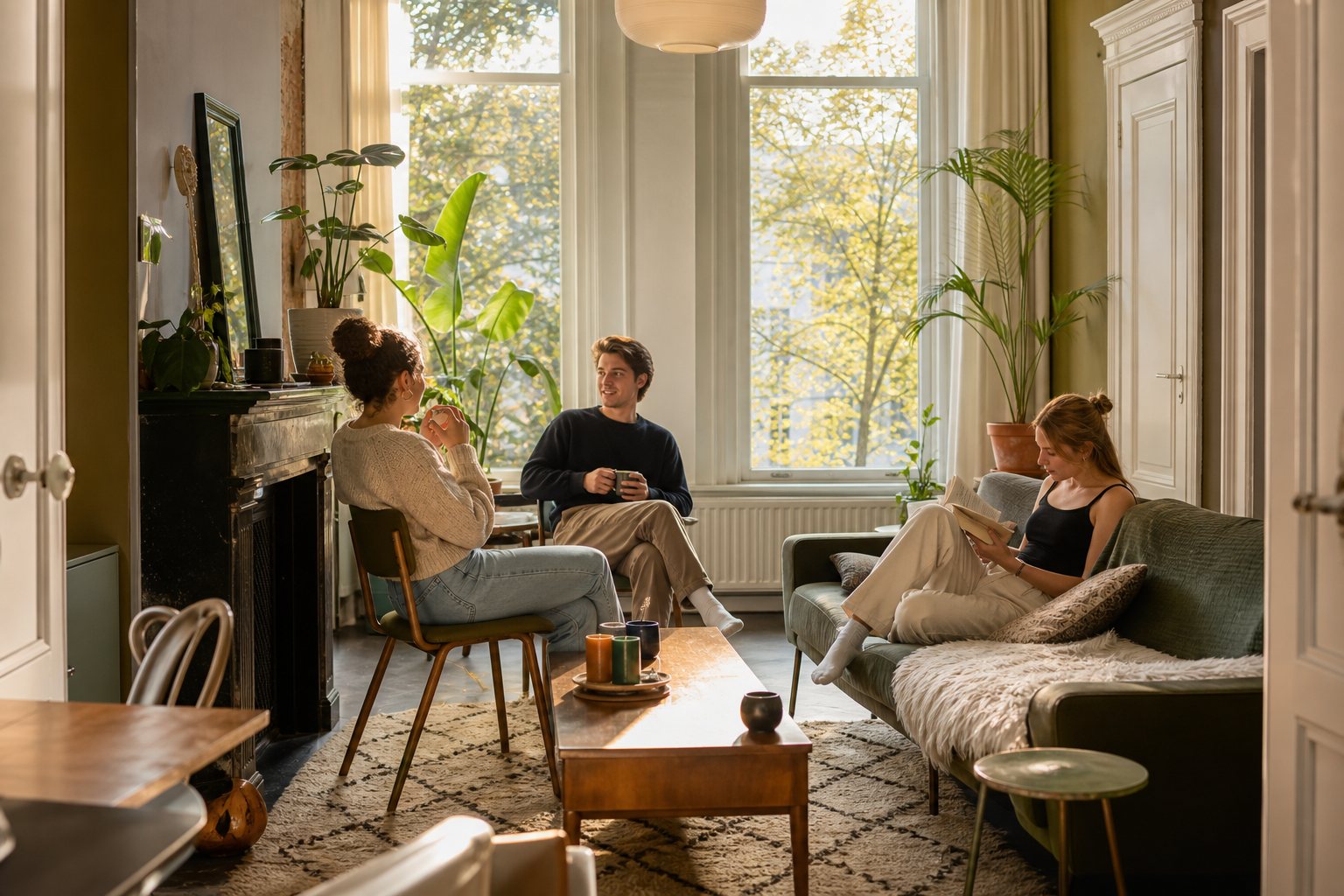 Students relaxing together in the shared living room